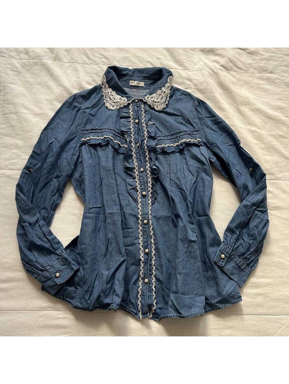 Axes Femme Blue Denim Crochet Lace Collar Ruffle Blouse Medium Japan